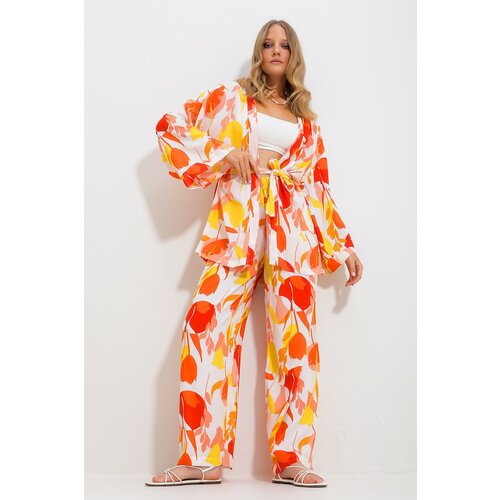 Trend Alaçatı Stili Women's Orange Kimono Jacket And Palazzo Pants Suit Slike