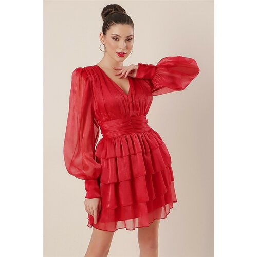 By Saygı V-Neck Lined Organza Dress With Ruffles Red Slike