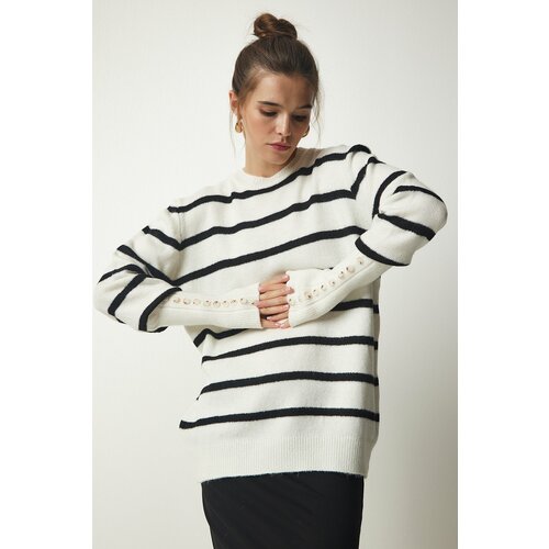 Happiness İstanbul Women's Ecru Striped Knitwear Sweater Slike