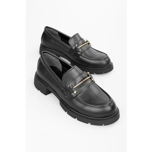 Shoeberry Women's Aston Black Leather Buckle Detail Loafer