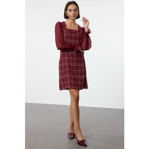 Trendyol Burgundy Plaid / Checkered Mini Woven Dress