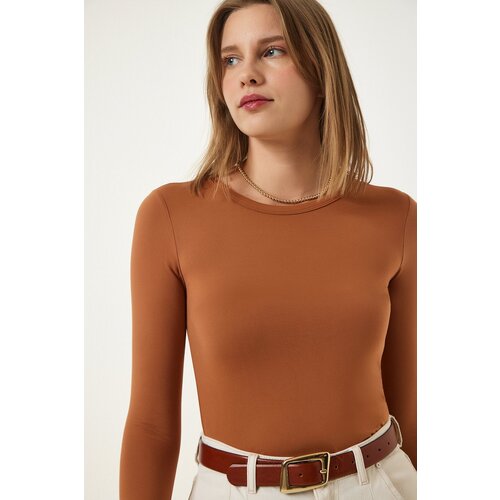  Women&amp;#039;s Camel Crew Neck Basic Viscose Knitted Blouse Slike