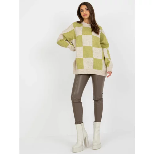 Fashion Hunters Light green and beige oversize sweater with a round neckline