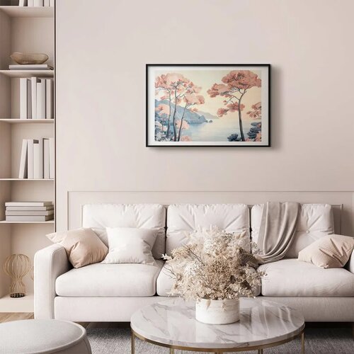  Plakat - Ocean Cliffs and Trees Delicate Motif in Pastel Colors 30x21 Crni okvir s margom Slike