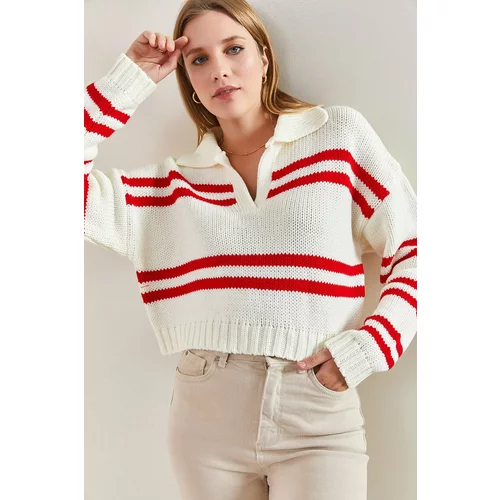 Bianco Lucci Women's Polo Neck Striped Knitwear Sweater