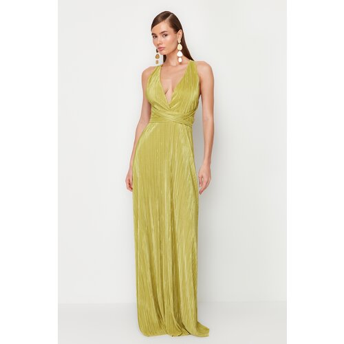 Trendyol Oil Green Pleated Sash Detailed Knitted Long Evening Dress Cene