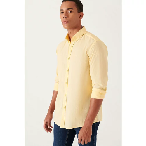 Avva Men's Yellow 100% Cotton Thin Soft Button Collar Long Sleeve Standard Fit Regular Fit Shirt