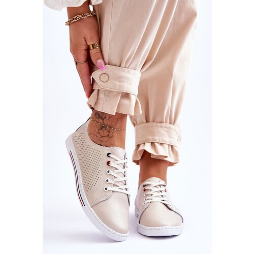 S. BARSKI Women&amp;#039;s Beige Leather Cut-Out Sneakers S.Barski LR952 Slike