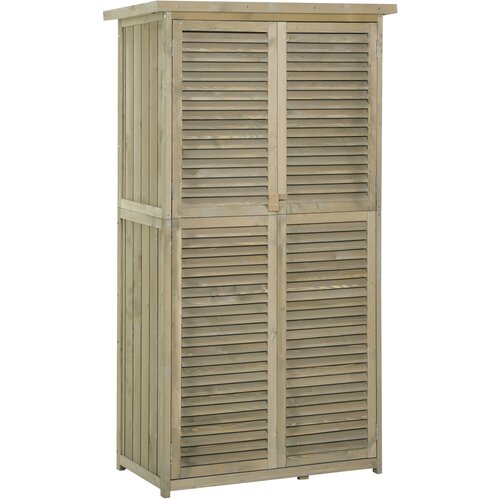 Nestor Outsunny lesena vrtna lopa z bitumensko streho, lamelna vrata, 4 police, siva, 87x46,5x160cm, vrtna omarica, (5000009134) Slike