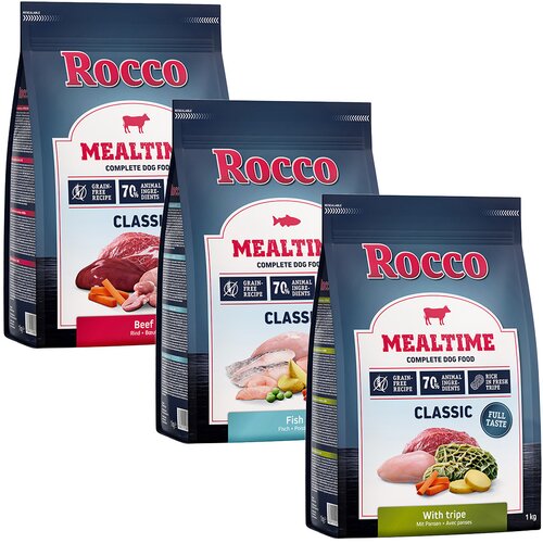 Rocco 3 x 1 kg Mealtime - mešano poskusno pakiranje Miks 2: govedina, vampi, riba Cene