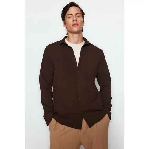 Trendyol Brown Men's Slim Fit Flexible Casual Knitted Shirt
