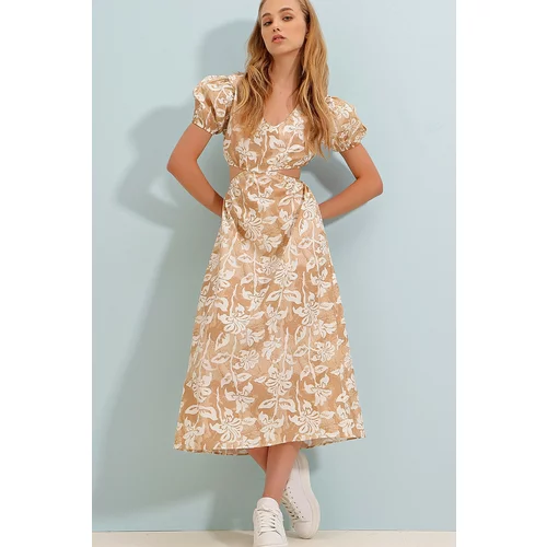 Trend Alaçatı Stili Women's Beige V-Neck Princess Sleeve Waist Decollete Floral Pattern Midi-Length Poplin Dress