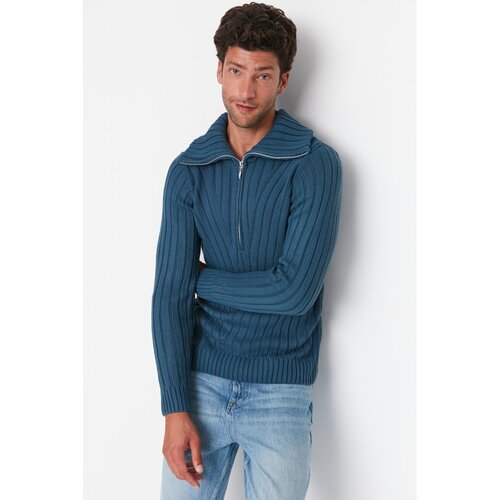 Trendyol Indigo Men's Slim Fit Half Turtleneck Zippered Knitted Detailed Knitwear Sweater Cene
