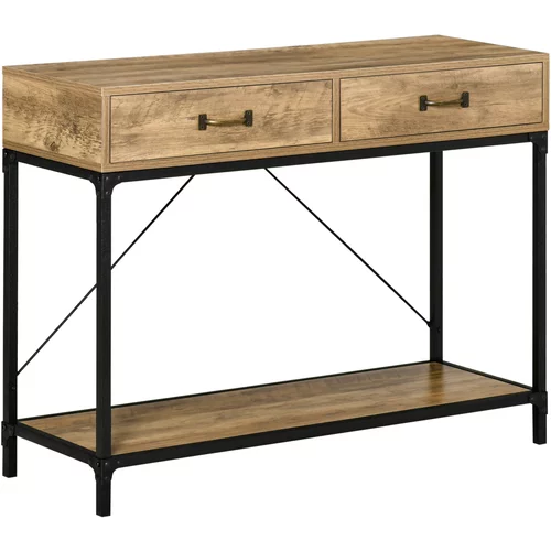 HOMCOM Vintage konzolna mizica iz kovine in lesa, mizica za dnevno sobo z dvema predaloma in polico, rjava, (20752943)