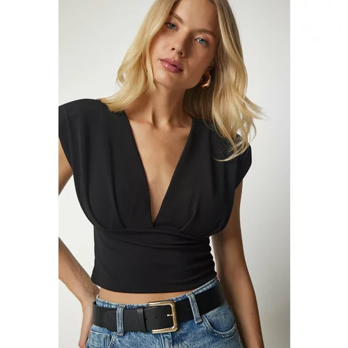 Happiness İstanbul Women's Black Slightly Decollete Crop Blouse