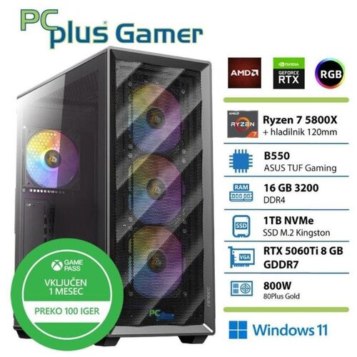 PCPLUS Namizni računalnik Gamer Ryzen 7 5800X 16GB 1TB SSD RTX 5060Ti 8GB, Windows 11 Home + Xbox Cene
