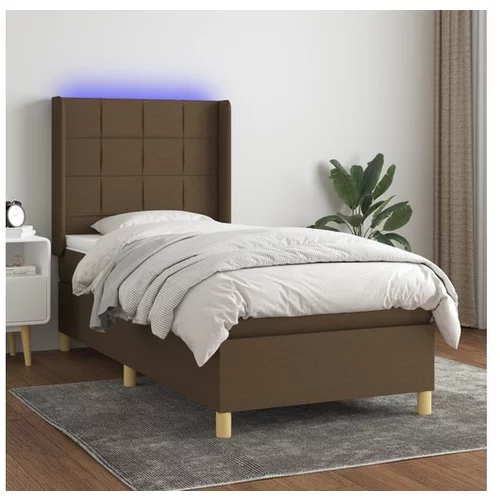  Box spring postelja z vzmetnico LED temno rjava 90x200 cm blago