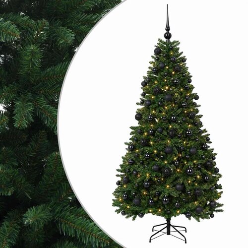  Umjetno božićno drvce srednje zeleno s kuglicama 210 cm - Srednje zelena &amp;Oslash; 106 x 210 cm s 300 LED dioda i crnim lopticama Slike