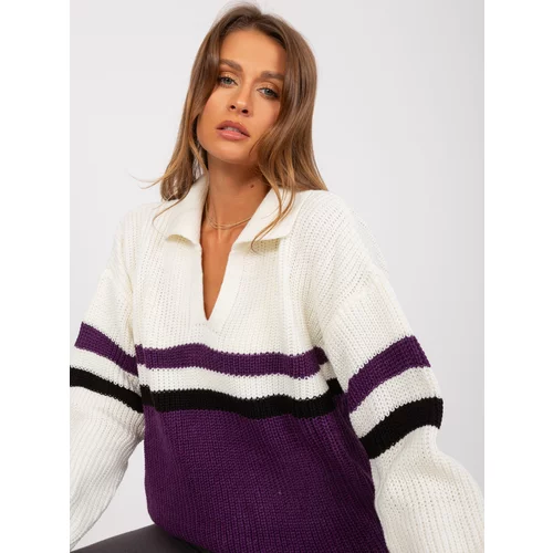 Fashion Hunters Ecru-purple oversize sweater with collar