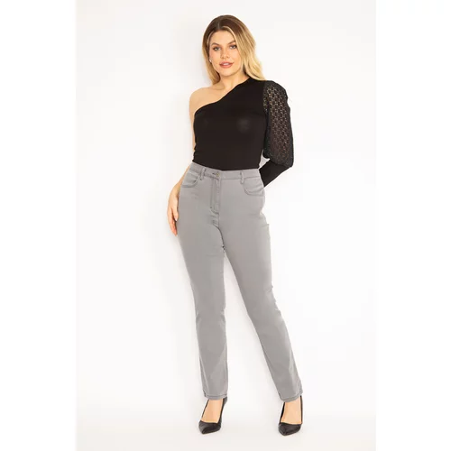 Şans Women's Large Size Gray 5 Pocket Lycra Denim Trousers