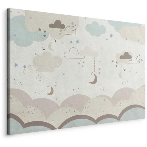  Slika - Cloudy Night Sky - Moons in Brown and Beige Hues Among Clouds and Numerous Little Stars on a Light Background 60x40 Na t Cijene