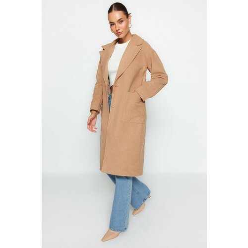 Trendyol Beige Oversize Wide Cut Long Wool Cachet Coat Slike