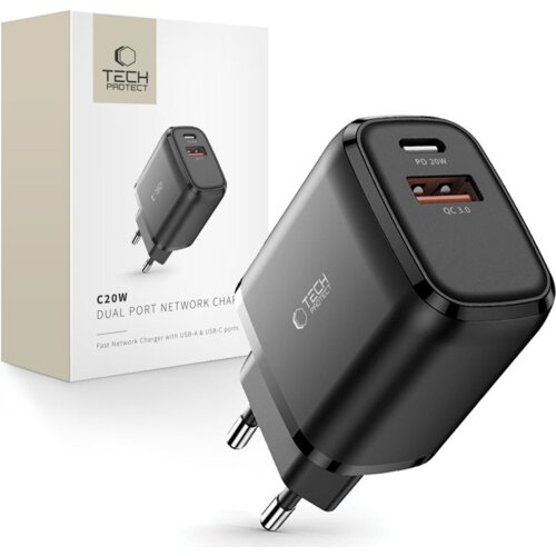 TECH-PROTECT C20W 2-PORTNI OMREŽNI POLNILEC PD20W/QC3.0 ČRN, (5000302930) Slike