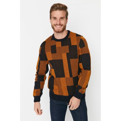 Trendyol Cinnamon Men's Slim Fit Crew Neck Color Block Knitwear Sweater Cene
