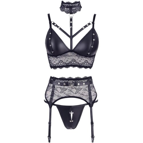 Cottelli Bondage - Komplet perila s čipko in sijajem ter okovi za roke (črn) - XL Slike