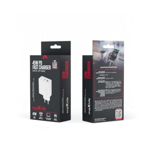 Maxlife kućni punjač za telefon od 45W sa USB-A i USB-C ulazom White ( OEM0101204 ) Slike