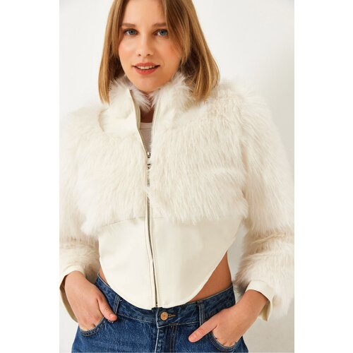 Bianco Lucci Women's Leather Garni Detailed Crop Faux Fur Jacket 2622 Cene