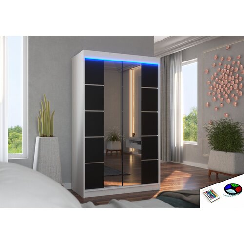 ADRK Klizni ormar GENUA 120 s ogledalom i LED rasvjetom, 120 cm - BIJELA-CRNA Slike