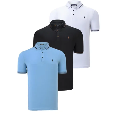 Dewberry TRIPLE SET T8586 MEN'S T-SHIRT-BLACK-WHITE-LIGHT BLUE