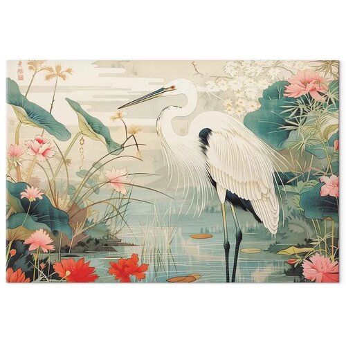  XXL slika - By an Asian pond - an illustration in the style of a Japanese engraving depicting a heron 200x133 Slike
