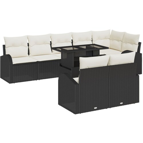 VidaXL 9-dijelni set sofe za vrt s jastučićima crni poli ratan, 2-sjedalna sofa za vrt s prostorom za pohranu i jastučićima crni poli ratan Slike