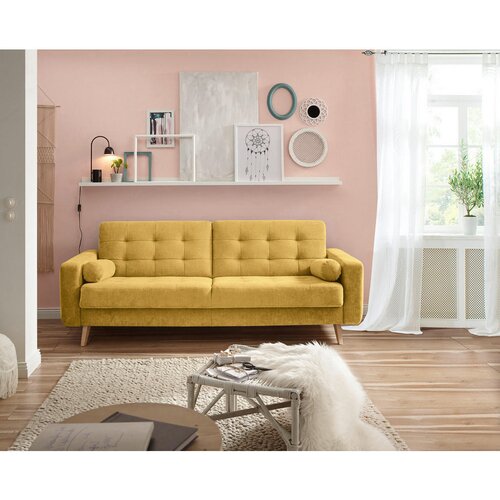 MID.YOU ZOFA S POSTELJNO FUNKCIJO, rumena tekstil, leseni material Slike