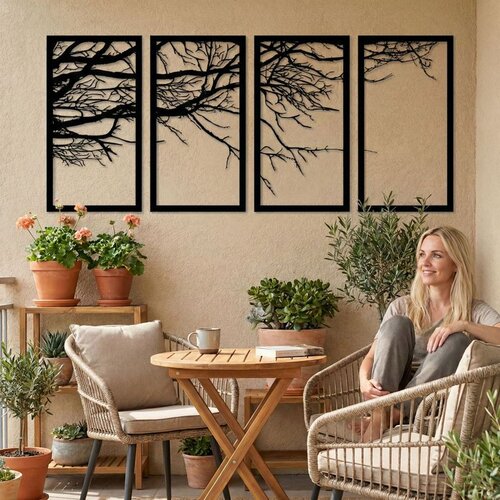 Wallxpert metalni zidni ukras 5211, grane drveta u 4 uramljena panela, 200 x 100 cm, crni Slike