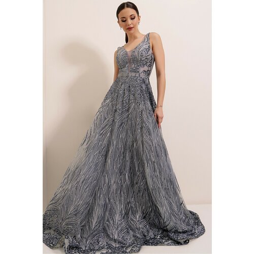By Saygı Glittery Ghost and Tulle Princess Evening Dress in Silver Cene