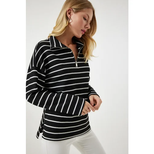  Women's Black Striped Oversize Seasonal Knitwear Blouse