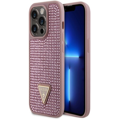 Guess Rhinestones Triangle Metal Logo Kryt pro iPhone 15 Pro Pink Ovitek za telefon Vijolična Slike