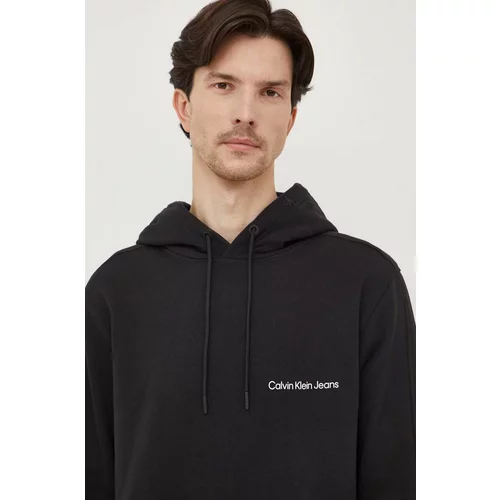 Calvin Klein Jeans Bombažen pulover moška, črna barva, s kapuco