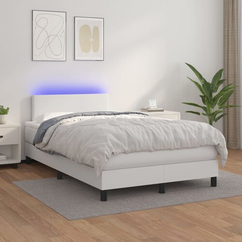 VidaXL Box spring postelja z vzmetnico LED bela 120x200cm umetno usnje Slike
