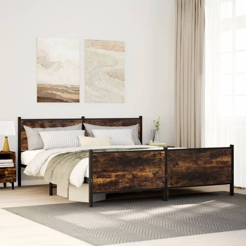 VidaXL Kovinski posteljni okvir brez vzmetnice dimljen hrast 200x200cm Slike