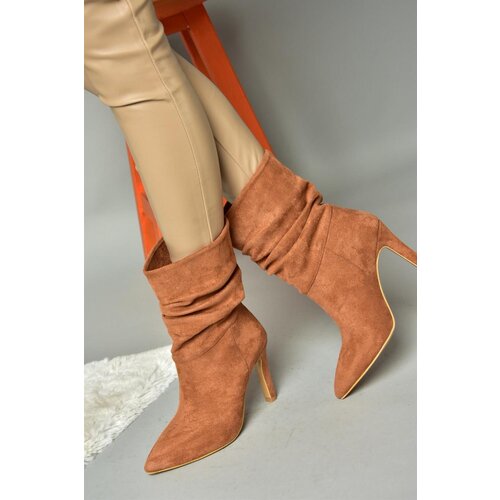 Fox Shoes R404020302 Women&amp;#039;s Tan Suede Thin Heeled Pleated Boots Slike