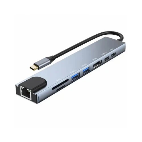 Kettz Adapter Tip C 8/1 4K HDMI/USBx2/SD/TF/USB-C/PD/Lan KT-801G Slike