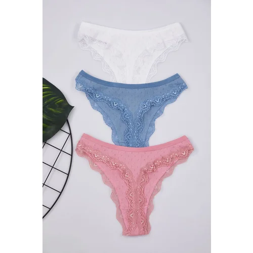 Trendyol Pink-Multicolored 3-Pack 100% Cotton Thong Knitted Panties