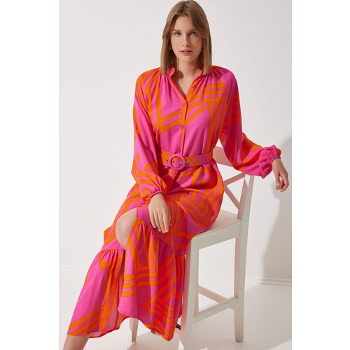  Women's Orange Belted Oversize Summer Viscose Dress Cene