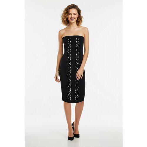 Trendyol Black Stone Printed Strapless Woven Chic Midi Dress Cene