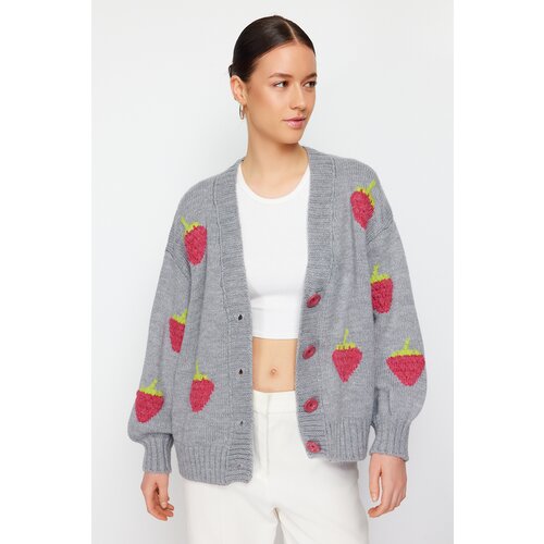 Trendyol Gray Soft Textured Strawberry Embroidered Knitwear Cardigan Slike