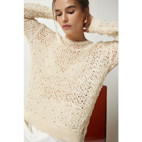 Happiness İstanbul Women's Cream Stylish Pearl Detailed Openwork Knitwear Sweater Slike